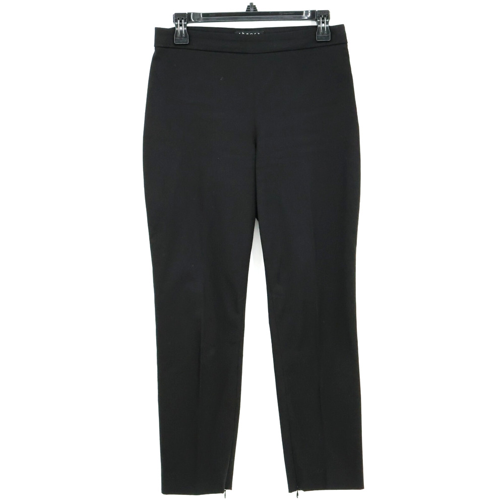 Theory Pants Womens 4 Black Sateen Stretch Cotton Zip Hem Straight Leg Ankle